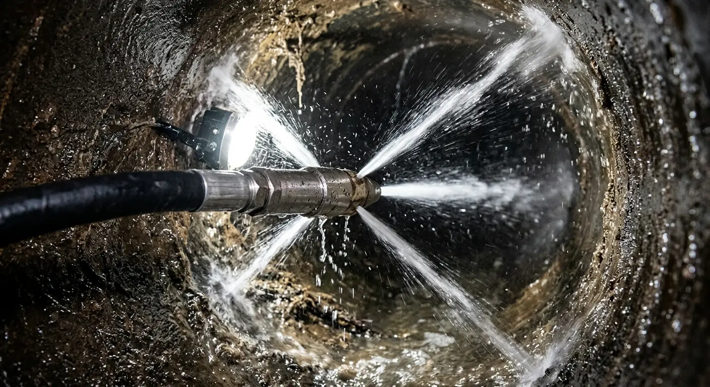 High-pressure hydro jetting nozzle cleaning sewer pipe for Sewer Cleanout in Clearfield