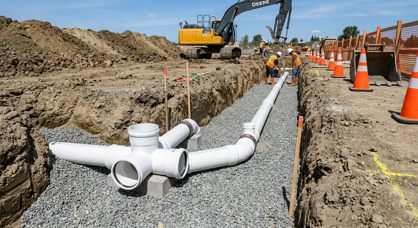 New PVC sewer pipe installation in open trench for Sewer Backup in Clearfield
