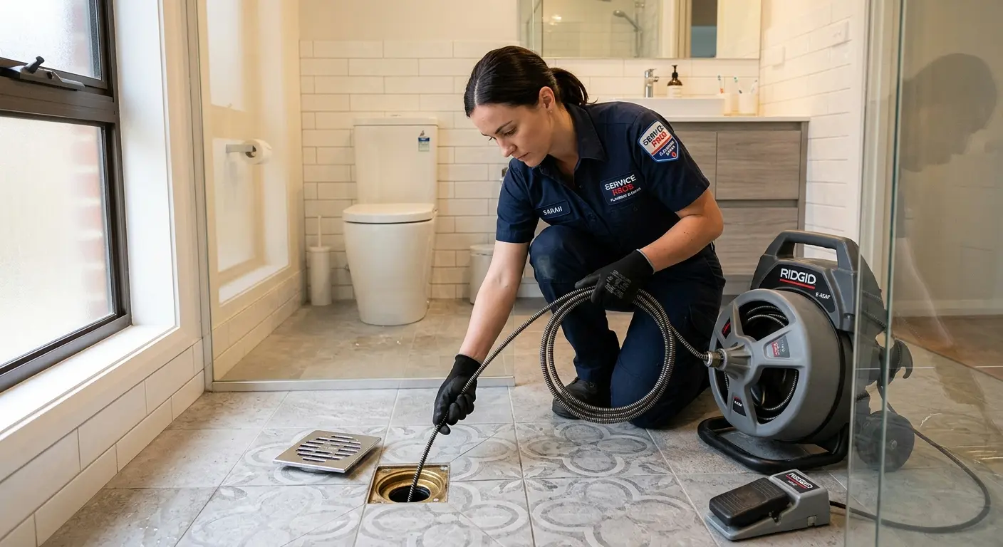 Technician clearing a bathroom floor drain for Drain Cleaning in Clearfield
